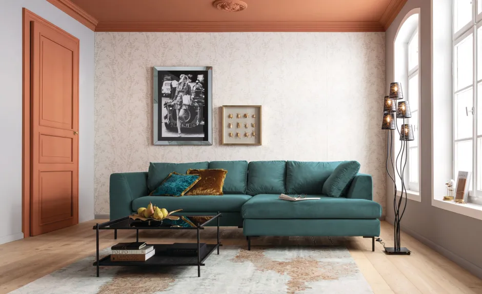 KARE Ecksofa Gianni Velvet Dunkelgrün Rechts Schwarz